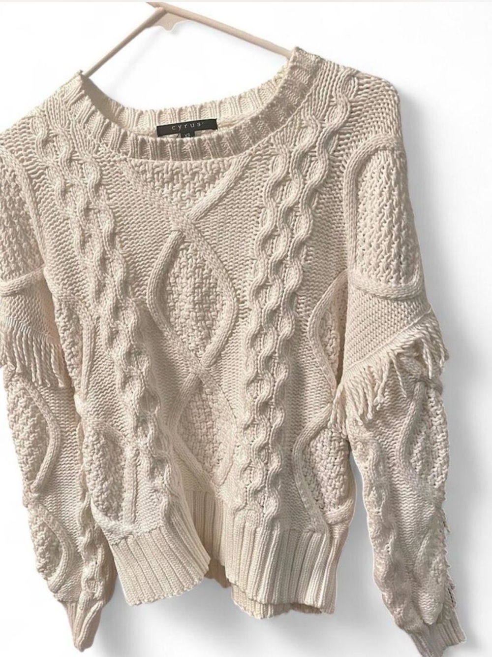 Cyrus Cream Cable Knit Fringe Pullover (NWT)